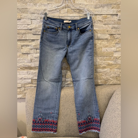 Tory Burch Myers Cropped Ankle Denim Jeans | Fray Hem | Embroidered | Size 28 - Picture 3 of 12